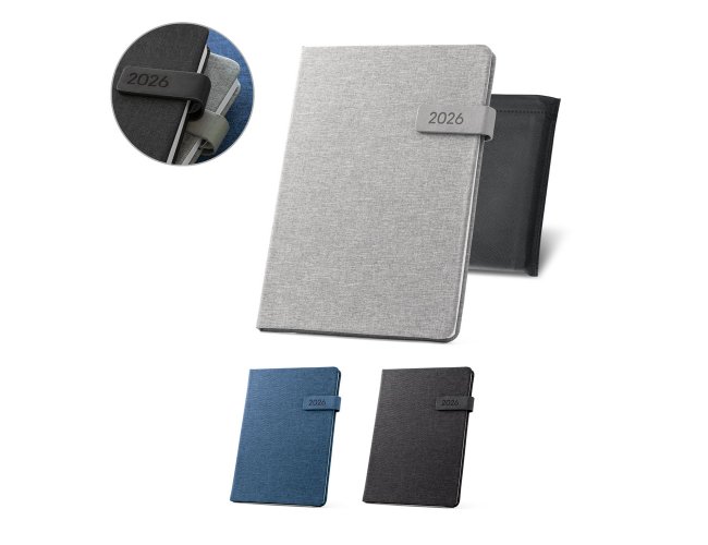 Agenda B5 em PET reciclado (100% rPET), com fecho magntico em PU